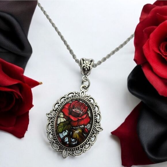 Mosaic Red Rose Portrait Cabochon Silver Glass Dome Victorian Goth Necklace - Picture 2 of 8